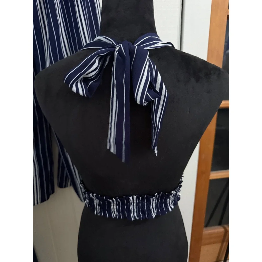 Favlux Fashion Navy White Striped 2 Piece Set Halter Crop Top Wide Leg Pants L